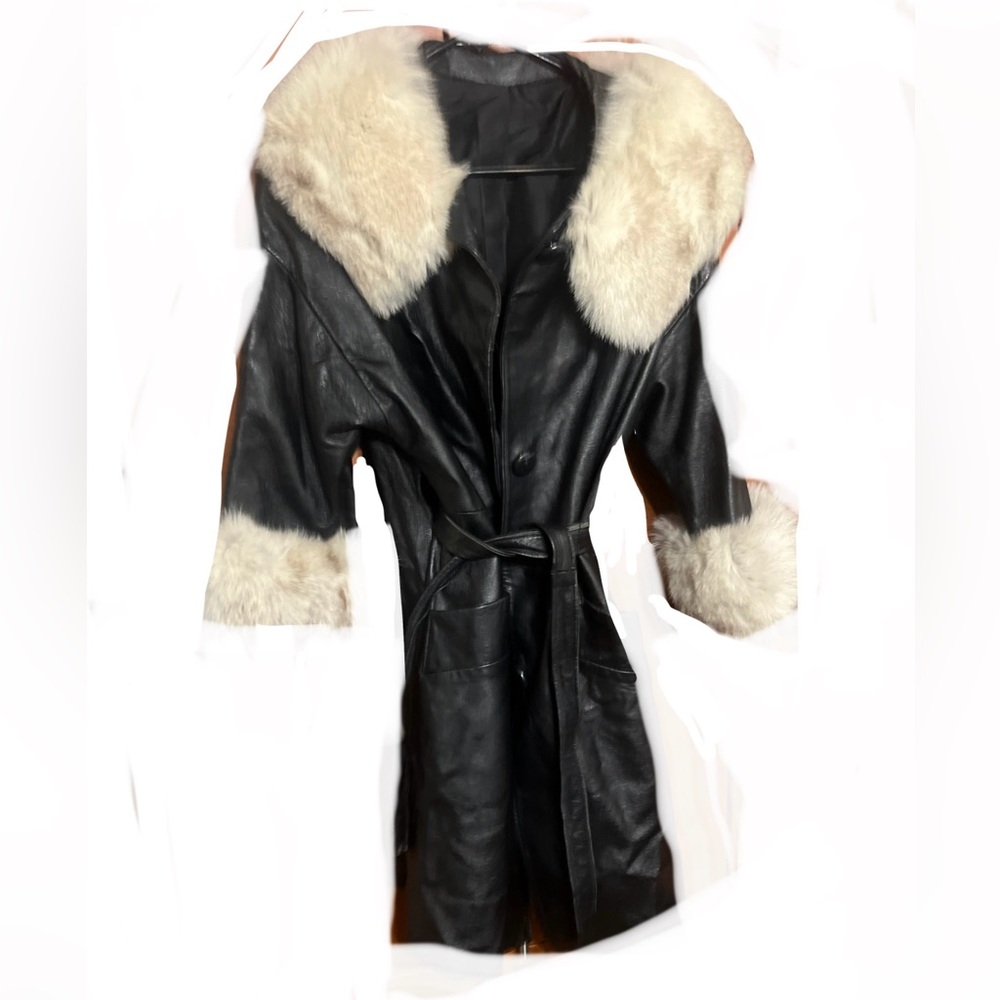 vintage glam Leather Coat with Fur Trim
